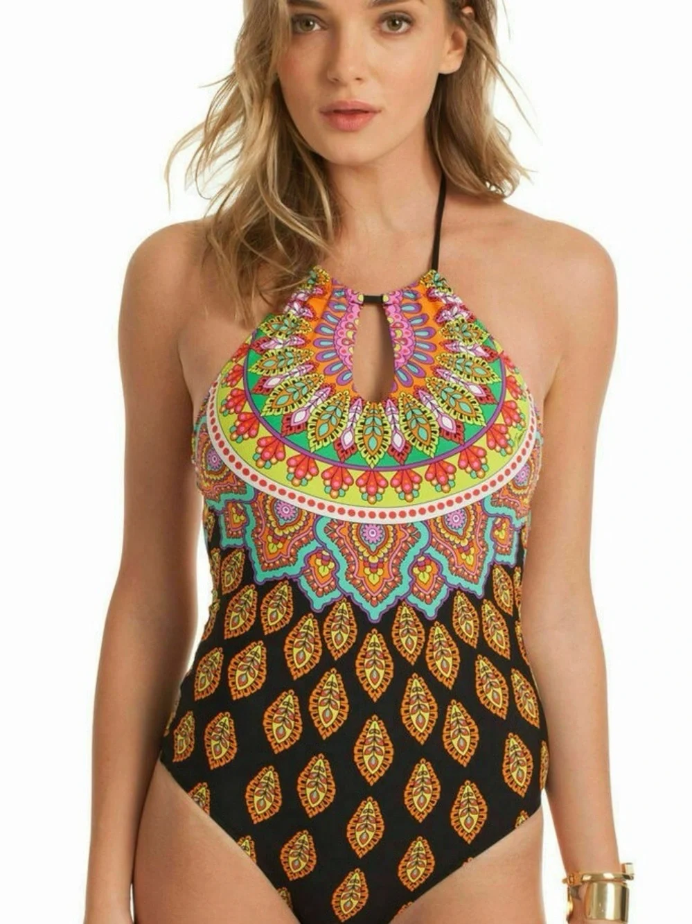 Vibrant Keyhole Halter One-Piece Swimsuit — Multicolor Medallion